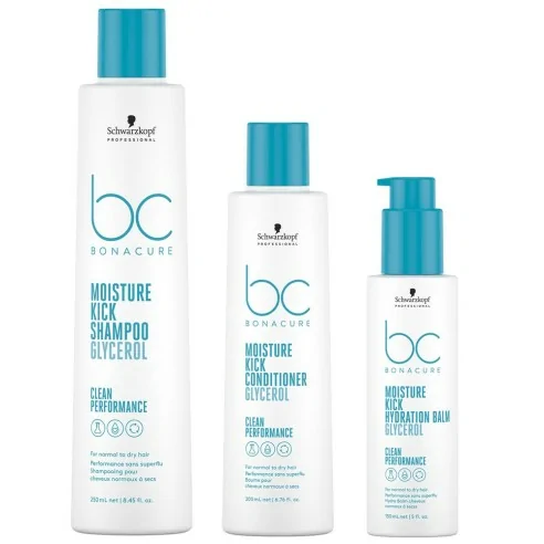 Schwarzkopf - Pack BC Bonacure Clean Moisture Kick Champú 250 ml + Acondicionador 200 ml + Bálsamo Hidradante 150 ml